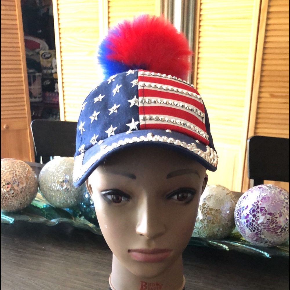 Brand new glitter American flag hat removable pom-pom